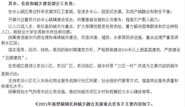 2021年新型城镇化和城乡融合发展重点任务来了！住房和城乡建设部负责这些工作